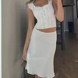 Nukty White Satin Long Skirt Women vintage elegant Low Waist A-line Slim Silk sexy Y2k Midi Skirt Summer Party Skirts