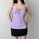 Nukty Elegant Solid Folds Camis Vintage 2000s Skinny Strap Crop Tops Women Holiday Style Transparent Mesh Tees Ladies y2k Vest