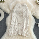 Nukty Boho Summer Beach Sexy Skirts Women Lace-up Crochet Hollow Out Female Sheath Skirts Ladies High Waist Elegant Skirt