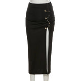 Nukty Black Split Midi Skirts Women Aesthetic Skinny Ruched Gothic Punk Clothes Autumn Winter Outfits High Waist Party Long Skirt