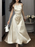 Nukty Vintage Satin Midi Dresses for Women New Summer French Fold Hollow Out Elegant Prom Fashion Slim Casual Female Clothes Robe