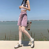 Nukty Summer New Korea Fashion Loose Women Jeans Shorts Purple Pink High Waist Straight Pockets Female Wide Short Pants
