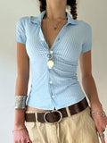 Nukty  Blue Stripe Short Sleeve Shirts For Women Button Up Turn Down Collar Slim Simple Casual Preppy Tops Basic Summer Tees