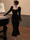 Nukty Elegant French Black Long Mermaid Dresses for Women Autumn Winter Square Collar Puff Sleeve High Waist A-Line Vestidos Mujer New