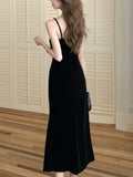 Nukty Elegant Women Black Backless Birthday Velvet Dress Autumn Spaghetti Strap Slim Party Evening Dresses Female Casual Vestidos