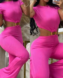 Nukty Summer Woman Long Jumpsuits Elegant Sexy O-Ring Decor Cutout Short Sleeve Jumpsuit New Fashion Casual One Pieces