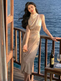 Nukty Women Summer Halter Satin Midi Party Dress Sleeveless Bodycon Slim Casual Solid Birthday Vestidos Female One Pieces Fashion Robe