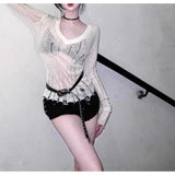 Nukty Coquett Y2K Women's Knit Sweater Hollow Out Knitwear V Neck Pullovers Spring See Through Jumper Harajuku Fashion Grunge