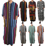 Nukty Men's Muslim Long Sleeve Cotton Striped Robes Islamic Arabian Kaftan Suit Middle East Dubai Abaya Retro Spring Clothing 2025 New