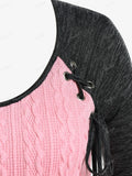 Nukty Autumn Winter Women's Casual Tops Plus Size Colorblock Cable Knit Panel Lace Up Tee,Long Sleeves Casual Shirts 4XL