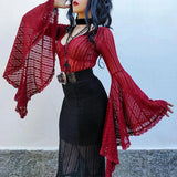 Nukty Lace See Through Mall Gothic Aesthetic Bodysuits Flare Sleeve Grunge Sexy Women Tops Punk Bodycon V-neck Alt Bodysuit