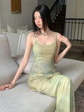 Nukty Women's Slim Fit Long Dresses Vacation Casual Style Sleeveless Gradient Color Design Beach Holiday Tea Break French Strap Dress
