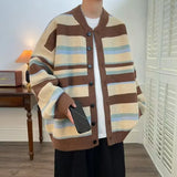 Nukty Vintage Cardigan Men Autumn Striped Harajuku Baggy Streetwear Cozy Contrast Color Daily Japanese Style Versatile Couple Tender