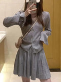 Nukty Y2K Mini Pleated Knitted Skirt Suits Women Autumn Chic Suit Elegant V-Neck Long Sleeve Cardigan Korean Solid Two-piece Sets New
