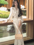 Nukty Elegant Bodycon Satin Midi Dresses for Women Autumn Lantern Sleeve V-Neck Lace-up Mermaid Evening Party Dress Robe Vestidos New