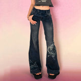 Nukty  Y2K Low Rise Flare Jeans for Woman Streetwear Aesthetic Print Jean Pants Vintage Washed Denim Trouser Grunge Fairycore