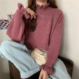 Nukty Women Ruffles Thicken Warm Sweater Mock Neck Flare Sleeve Sweet Pullovers Solid Casual Sweater For Women Fall Winter