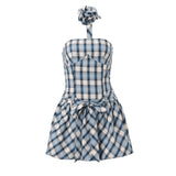 Nukty Elegant Off Shoulder Plaid Printing Women Mini Dresses Y2K Sleeveless Flowers Tank Dress Sweet Girls Slim fit Vestidos