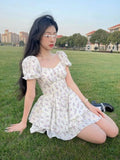 Nukty High Waist Dress Women Summer Floral Sweet Square Collar Puff Sleeve Princess Girlish Tender Elegant Korean Style Preppy Chic