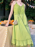 Nukty Summer Green Bohemain Patchwork Vintage Sling Dresses For Woman V-Neck Sleeveless Hollowed Style Dress Travel Beach New