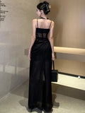 Nukty French Sexy Black Split Sleeveless Dresses Summer New Fashion Spaghetti Strap Slim Female Evening Party Club Dress