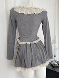 Nukty Y2K Sweet Knitted Skirt Suits Long Sleeves Lace Patchwork Bow Lace-up Princess Tops + Pleat Mini Skirt Womens Two Pieces Set New