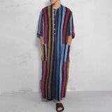 Nukty Men's Muslim Long Sleeve Cotton Striped Robes Islamic Arabian Kaftan Suit Middle East Dubai Abaya Retro Spring Clothing 2025 New
