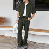 Nukty 2024 Men Sets Solid Color Streetwear Lapel Short Sleeve Shirt & Pants Two Pieces Sets Fashion Men's Casual Suits S-5XL
