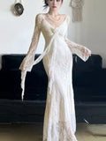Nukty Women's Floral Ruffles Sexy Slim Dresses  French Vintage Women White Lace Long Sleeved Dress Summer Holiday A-line Vestidos New