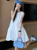 Nukty Summer Elegant Korean Solid Short Women's Dress Sweet Sleeveless O-Neck Loose-Fit Causal Office Lady Ball Gown Mini Skirt