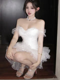 Nukty French Elegant White Mini Women's Cake Dresses Slash-Neck Strapless Mesh Sexy Dress Prom Female Clothes New Spring Summer 2025
