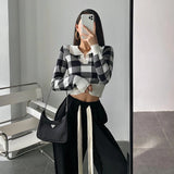 Nukty Autumn Winter Vintage Knitwear Crop Tops Women Pullover Sweaters Fashion Female Long Sleeve Elastic Casual Plaid Knitted Shirts