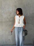 Nukty Elegant White Pleated Vest Maxi Skirts Sets Fashion Round Neck Lace-up Puff Hem Tops Suit New Vocation High Streetwear