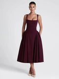Nukty Women's Elegant Solid High Waist Pleated Long Dress Fashion Square Neck Sleeveless A-line Dresses Vocation Beach Streetwear
