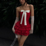 Nukty Bow Off Shoulder Ruffle Bandage Backless Mini Dress for ladies Y2K Slash Neck Sexy Fashion Fall Partywear Two-piece Set