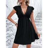 Nukty 2024 Summer Elegant Women Party Dress V-neck Sleeveless Solid Hollow Out  Dresses Elegant Ruffle Trim High Waist Pleated Dress