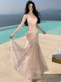 Nukty Elegant Print Long Dresses for Women Sexy Spaghetti Strap Bodycon Birthday Party Mermaid Dress Summer Slim Waist Vestidos Robe
