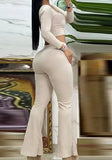 Nukty New Fashion Summer Casual Elegant Womens Two Piece Sets Outfit Square Neck Buttoned Top & Pocket Design Flared Pants Set