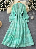 Nukty Women's V Neck Lantern Sleeve Pearls Evening Party Dress Autumn Elegant Hollow Out Embroidery Lace Splice Long Robe Vestidos
