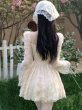 Nukty Sweet Fairy Womens Dresses Elegant Lace Patchwork Bow Lace-up Square Collar Flare Long Sleeve Party Mini Dress Short Vestidos
