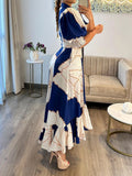 Nukty Women Floral Print Long Dress Summer Casual  Turn-down Collar Half Sleeve Loose Big Swing Dress Female Vintage  Beach Maxi Dress
