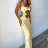 Nukty Chic Women's Sleeveless Knit Long Dress Summer Spring Solid Color Halter Front Cutout Back Tie-Up Slim Maxi Dress Party
