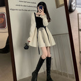 Nukty Spring Autumn Vintage Patchwork Y2k Sweet Kawaii Party Dresses for Women Casual Lace Up Bow Harajuku Long Sleeve Club Mini Dress