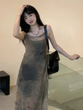 Nukty Vintage Double-Layer Mesh Printed Maxi Dresses For Women Grunge Gothic Spaghetti Strap Vestidos Korean Style Sheer Dress