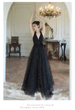 Nukty French Elegant Black Midi Women's Evening Dresses Mesh V-Neck Backless Halter Sequin Vestidos Spring Summer Prom Female Clothes