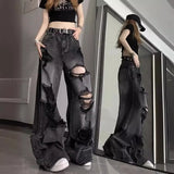 Nukty Unique Cool Ripped Jeans Women's Summer Distressed American Style Bell Bottoms Loose Fit Versatile Straight Leg Long Pants
