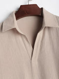 Nukty Long Sleeve Men's Shirts Solid Color Linen Textured Turn Down Collar Pullover Shirt Casual Streetwear Tops