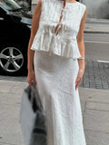 Nukty Elegant White Pleated Vest Maxi Skirts Sets Fashion Round Neck Lace-up Puff Hem Tops Suit New Vocation High Streetwear