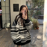 Nukty Autumn Oversized Striped Knitted Sweater Women Vintage Streetwear Loose Long Sleeve Pullover Harajuku Casual O Neck Midi Jumper