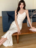 Nukty Elegant Satin Mermaid Dresses for Women V-Neck Long Sleeves Spaghetti Strap Evening Party Dress Prom Robe One Piece Vestidos New